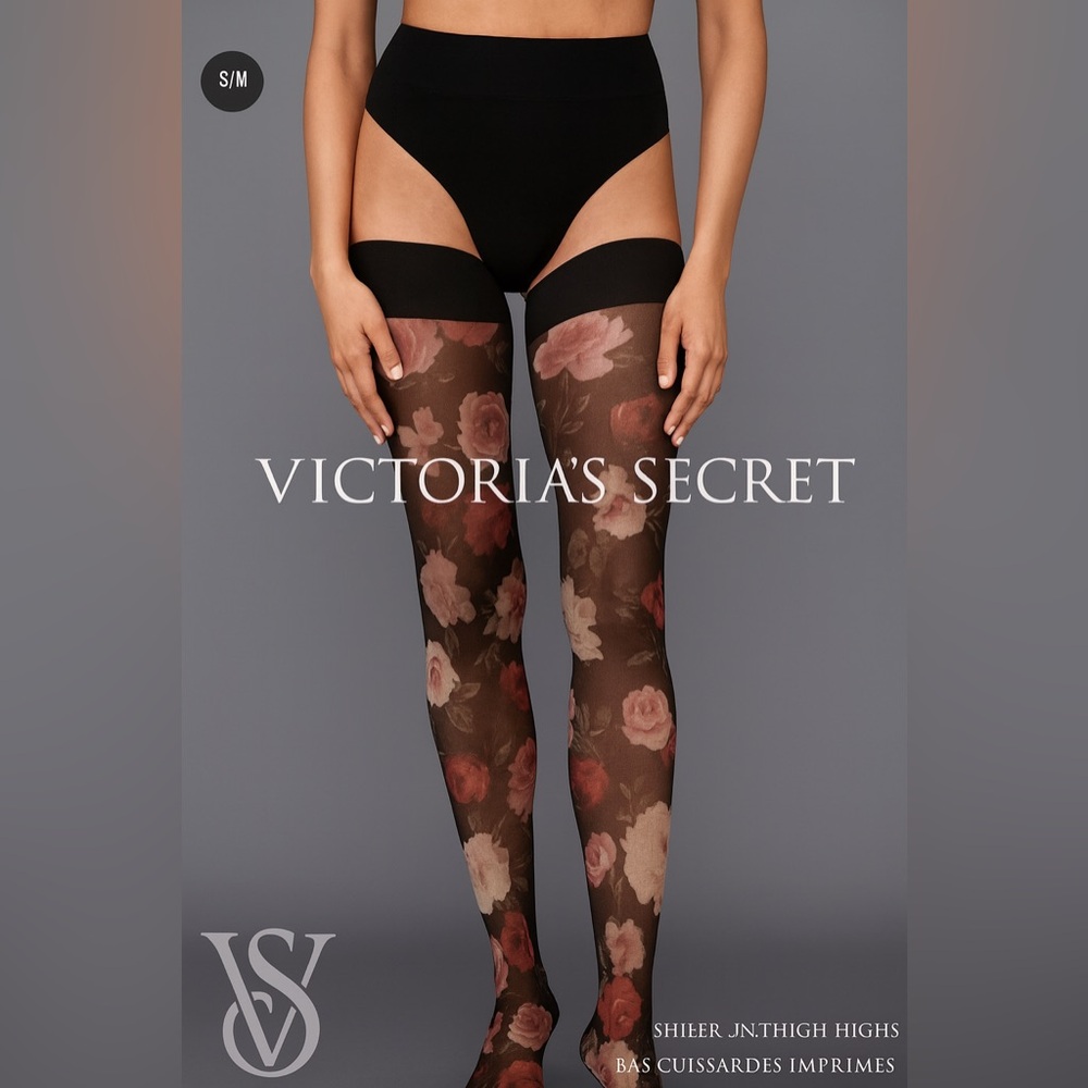 Victoria's Secret Black and Pink Floral Hosiery